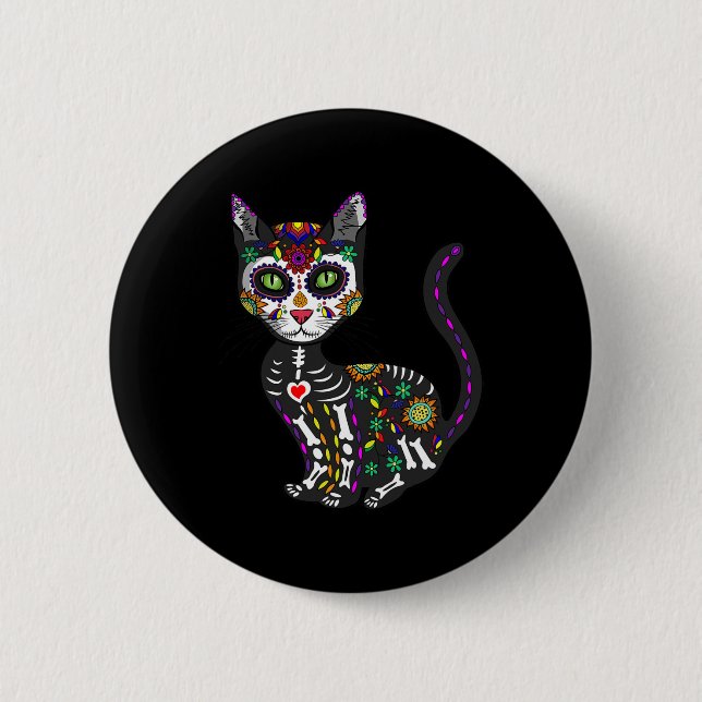 Badge Rond 5 Cm Cute Crâne Sucre Mexicaine Chat Halloween Jour De (Devant)