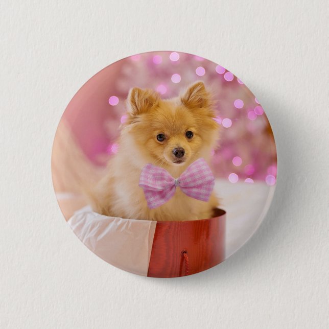 Badge Rond 5 Cm Cute Dog with Pink Bow Christmas Photograph (Devant)