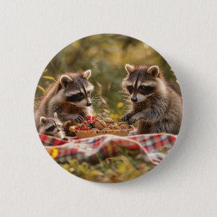 Badge Rond 5 Cm Cute famille raccoon avec pique-nique
