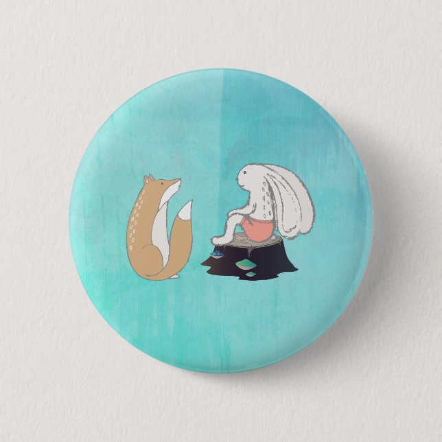 Badge Rond 5 Cm Cute Fox and Rabbit Woodland Creatures Drawing (Devant)