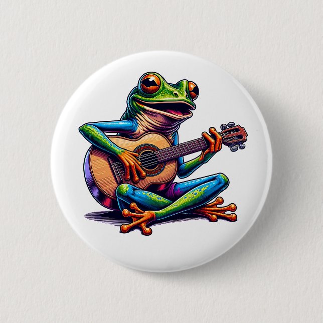 Badge Rond 5 Cm Cute Frog Jouer une guitare (Devant)