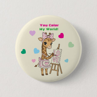 Badge Rond 5 Cm Cute Giraffe Artist "You Color My World" Valentine