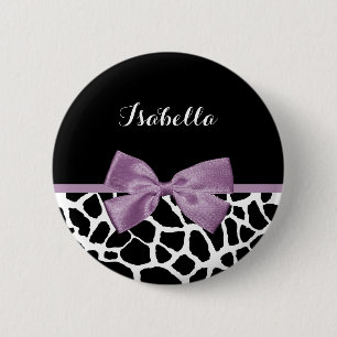 Badge Rond 5 Cm Cute Giraffe Print Lavender Purple Bow With Name
