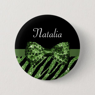 Badge Rond 5 Cm Cute Green Zebra Print FAUX Glitz Bow avec nom