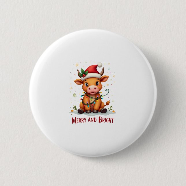 Badge Rond 5 Cm Cute Highland Baby Cow Christmas Lights Merry & Br (Devant)