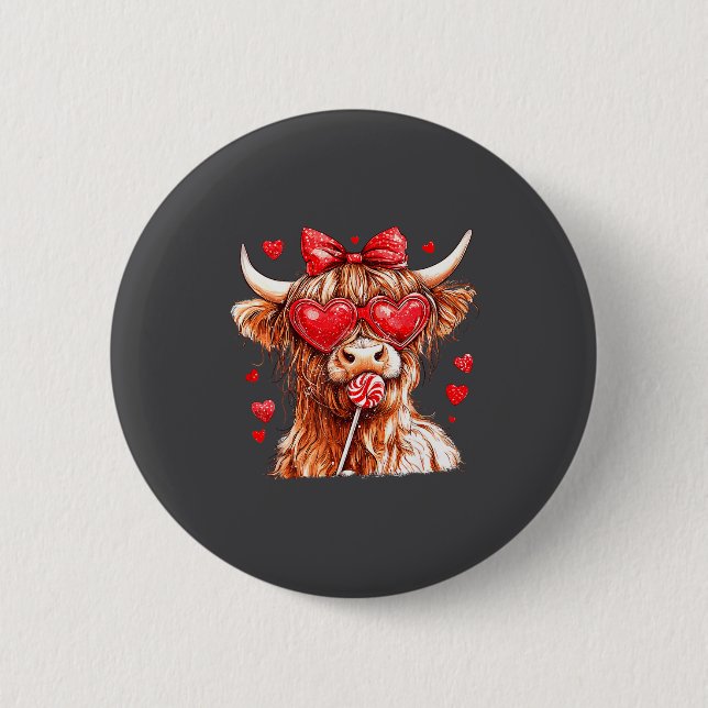 Badge Rond 5 Cm Cute Highland Cow Candy Cane Heart Valentines Day  (Devant)