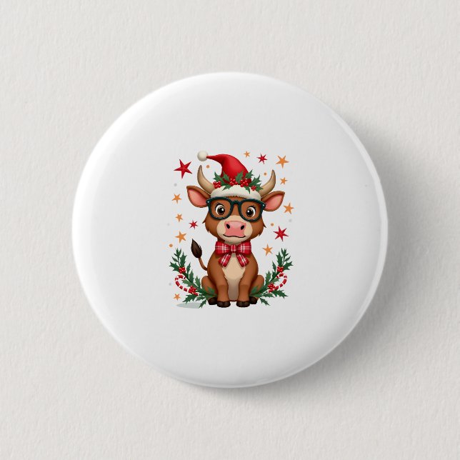 Badge Rond 5 Cm Cute Highland Cow Lover Santa Hat Western Christma (Devant)