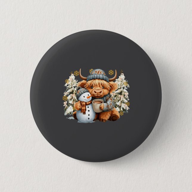Badge Rond 5 Cm Cute Highland Cow With Snowman Hot Cocoa Christmas (Devant)