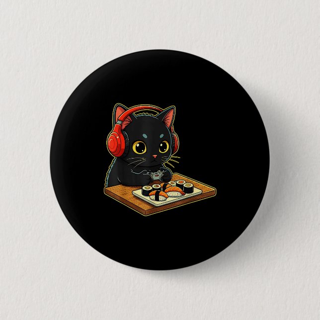 Badge Rond 5 Cm Cute Kawaii Black Cat Funny Sushi Retro Japanese C (Devant)