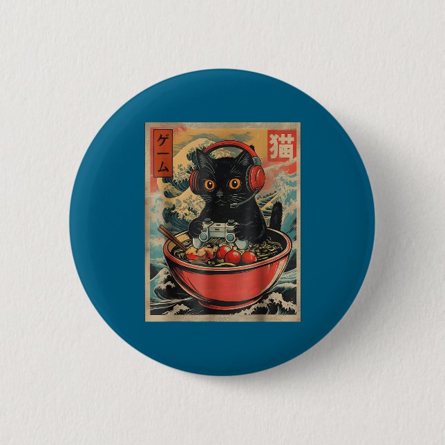 Badge Rond 5 Cm Cute Kawaii Gamer Cat Funny Ramen Retro Japanese C (Devant)