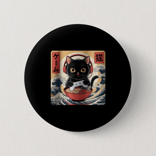 Badge Rond 5 Cm Cute Kawaii Gamer Cat Funny Ramen Retro Japanese C (Devant)
