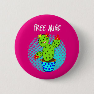 Badge Rond 5 Cm Cute Kawaii Libre Hugs Smiling Cactus Plante Graph