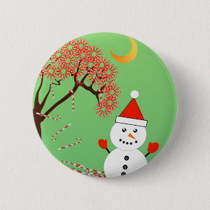 Badge Rond 5 Cm Cute Kawaii Snowman avec CandyCane Tree