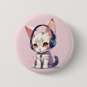 Badge Rond 5 Cm Cute Kitten avec casque Charme