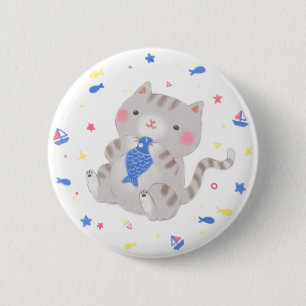 Badge Rond 5 Cm Cute Kitty avec du poisson en été Illustration