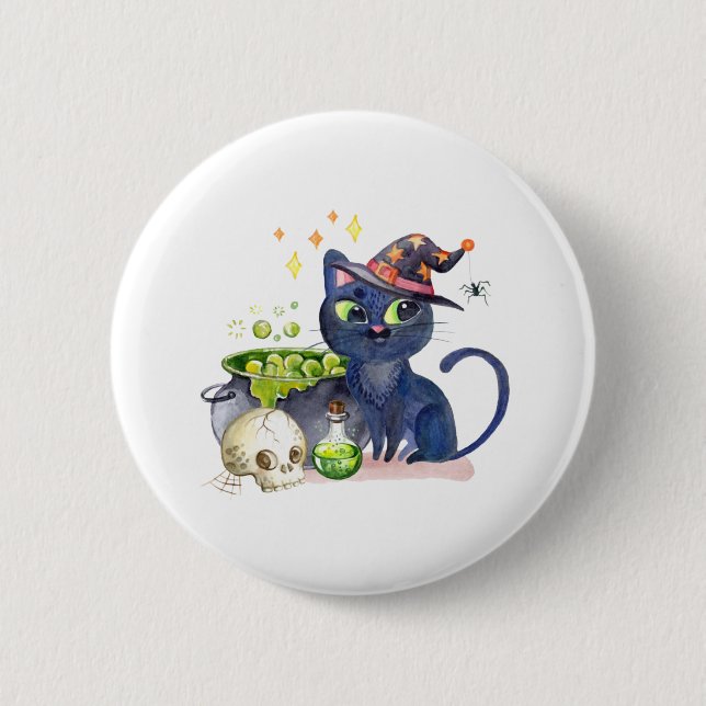 Badge Rond 5 Cm Cute little black witch cat with a cauldron (Devant)