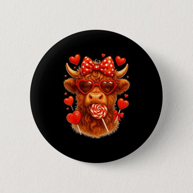 Badge Rond 5 Cm Cute Lollip Highland Cow Valentine's Day Red Heart (Devant)
