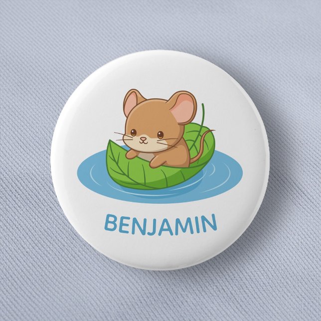 Badge Rond 5 Cm Cute Mouse in a Leaf Boat Custom Name (Créateur téléchargé)