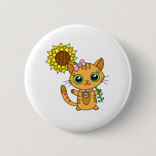 Badge Rond 5 Cm Cute Orange Kawaii Chat avec tournesol