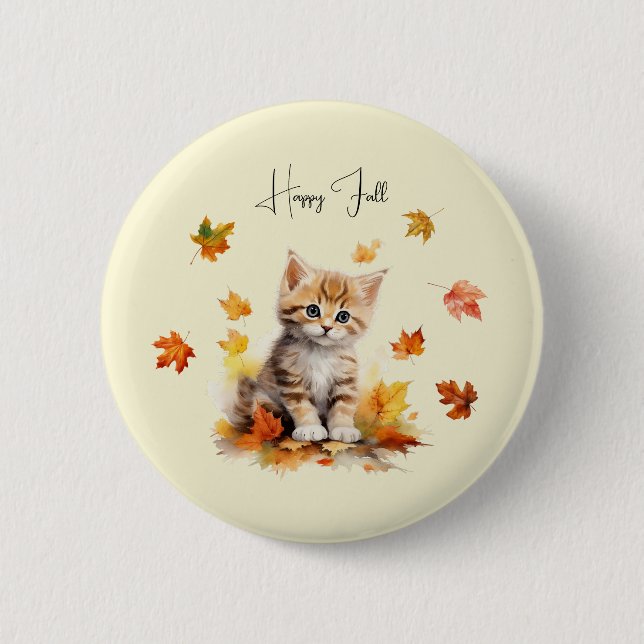 Badge Rond 5 Cm Cute Orange Tabby Kitten dans les feuilles d'autom (Devant)