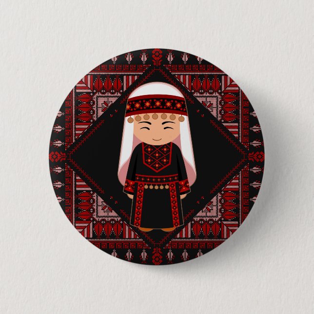 Badge Rond 5 Cm cute Palestinian girl Embroidery red tatreez   (Devant)