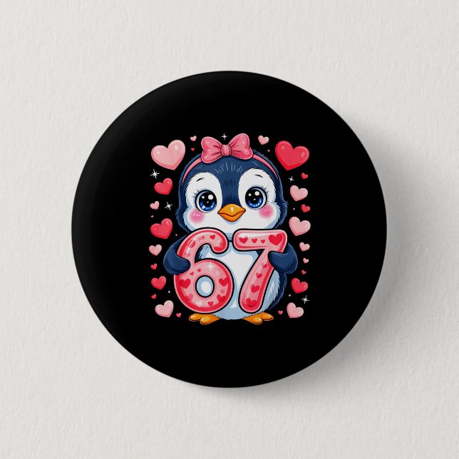 Badge Rond 5 Cm Cute Penguin 67 Six Seven Valentine Hearts 6 7 Mem (Devant)