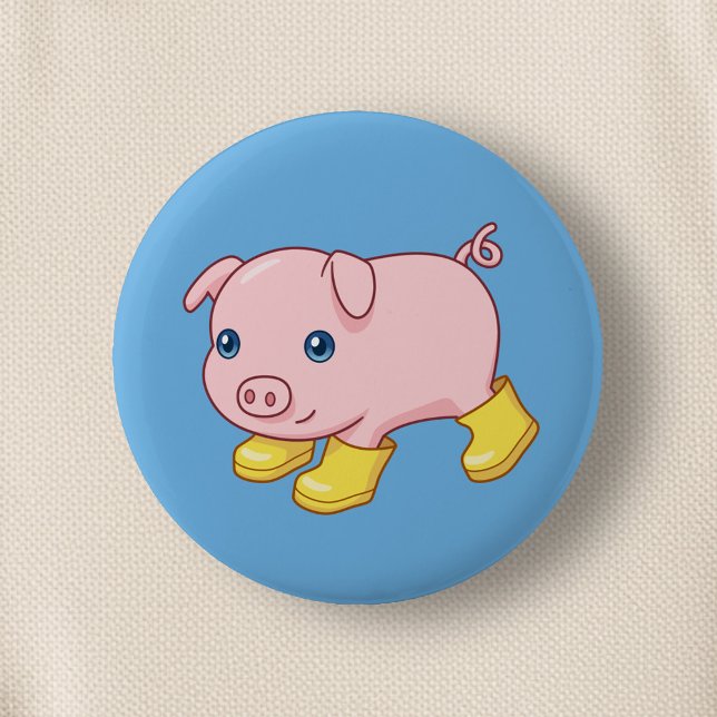 Badge Rond 5 Cm Cute Piglet Pig in Yellow Rubber Boots Blue (Créateur téléchargé)
