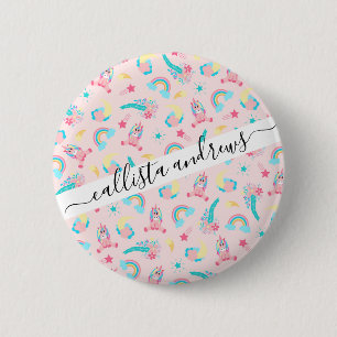 Badge Rond 5 Cm Cute Pink Teal Unicorn Rainbow