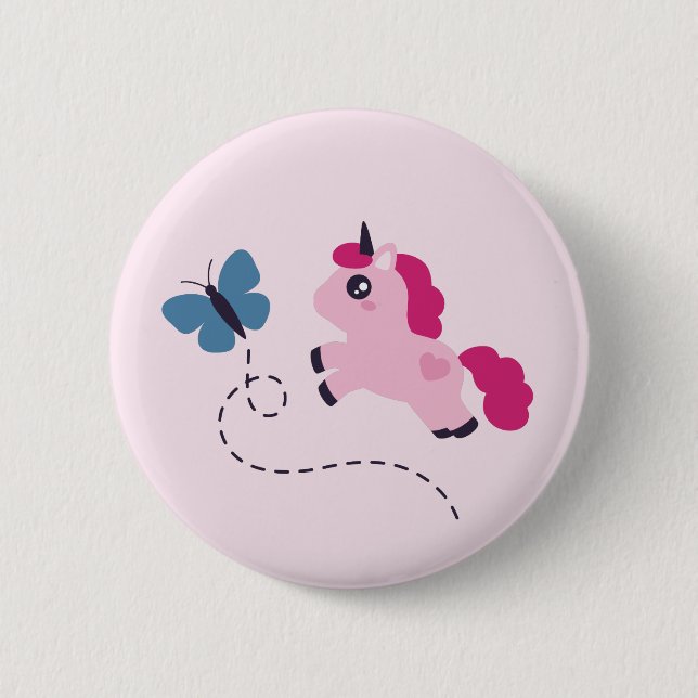 Badge Rond 5 Cm Cute Pink Unicorn avec un Papillon (Devant)