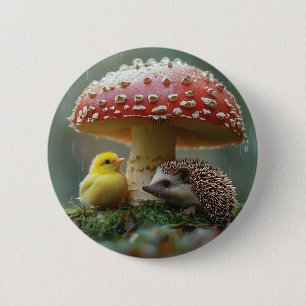Badge Rond 5 Cm Cute poussette et hérisson se cachant sous un cham