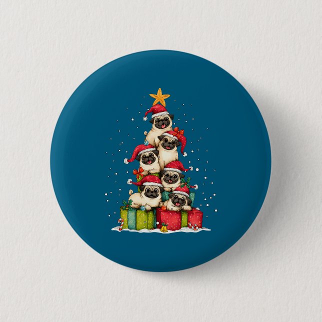 Badge Rond 5 Cm Cute Pug Le Dog Christmas Tree Xmas Hat Long Sleev (Devant)