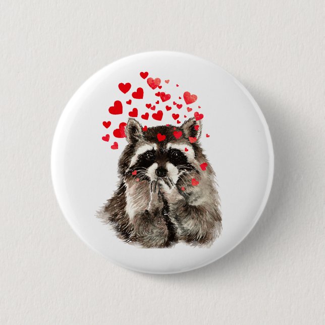 Badge Rond 5 Cm Cute Raccoon souffler Baisers Amour Coeurs (Devant)
