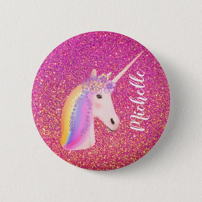 Badge Rond 5 Cm Cute Rainbow Unicorn Pink Parties scintillant Girl (Devant)