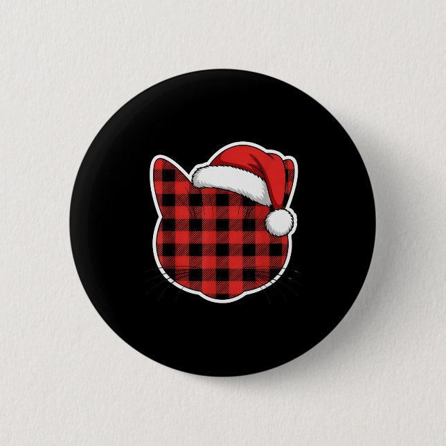 Badge Rond 5 Cm Cute Red And Black Buffalo Plaid Cat Christmas San (Devant)