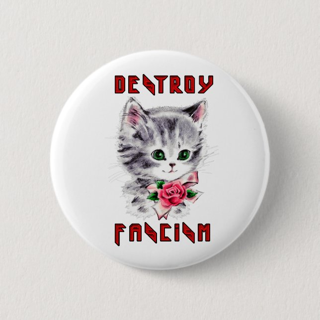 Badge Rond 5 Cm Cute Retro Kitten - Détruire le fascisme (Devant)