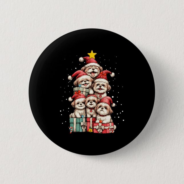 Badge Rond 5 Cm Cute Shih Tzu Le Dog Christmas Tree Xmas Hat Long  (Devant)