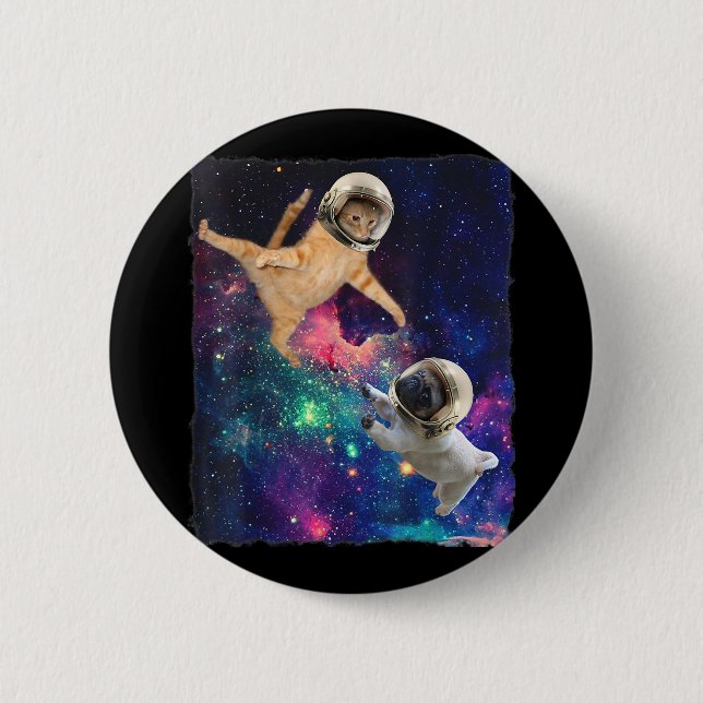 Badge Rond 5 Cm Cute Space Chat vs Space Chien Galaxy Epic Feu In  (Devant)
