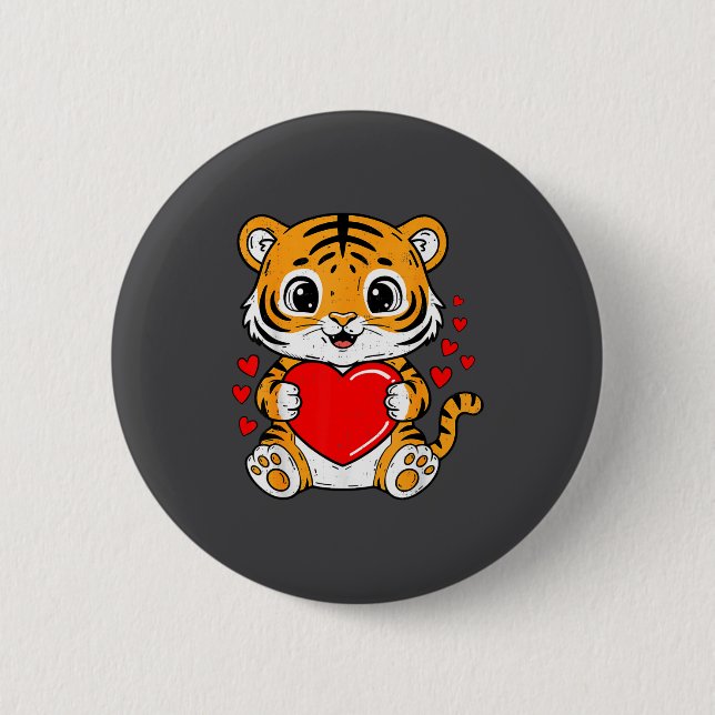Badge Rond 5 Cm Cute Tiger Holding Heart Kawaii Valentines Day Men (Devant)