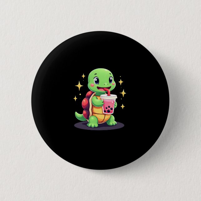 Badge Rond 5 Cm Cute turtle drinking boba. Funny Boba Turtles Love (Devant)