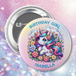 Badge Rond 5 Cm Cute Unicorn rose fille anniversaire fille<br><div class="desc">Sympa licorne personnalisée et fleurs thème violet,  rose et bleu fille d'anniversaire bouton.</div>