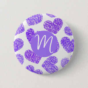 Badge Rond 5 Cm Cute violet Doodled Heart Saint Valentin Monogramm