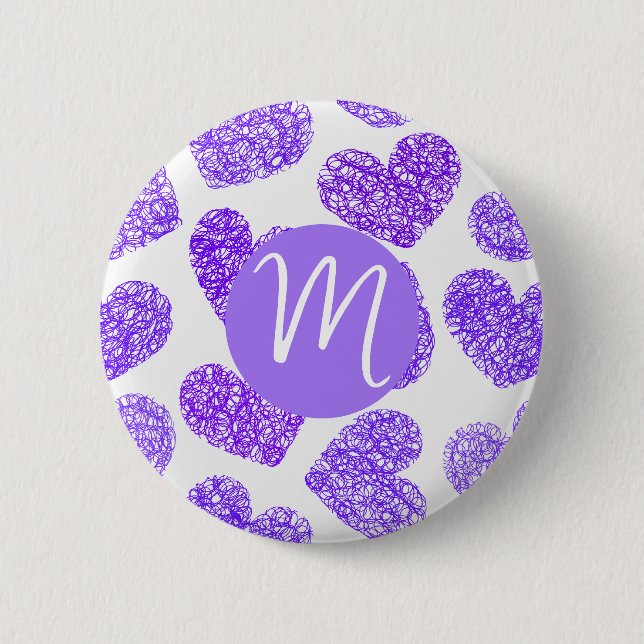 Badge Rond 5 Cm Cute violet Doodled Heart Saint Valentin Monogramm (Devant)