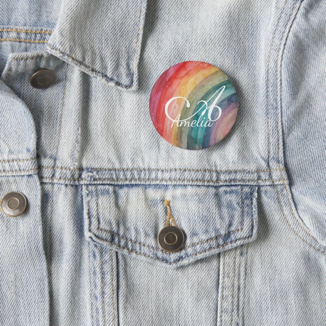 Badge Rond 5 Cm Cute Watercolor Personalized Rainbow  (En situation)