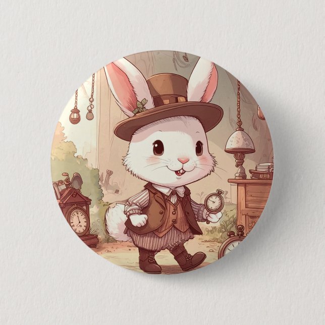Badge Rond 5 Cm Cute White Rabbit Wonderland Whimsical Timekeeper (Devant)