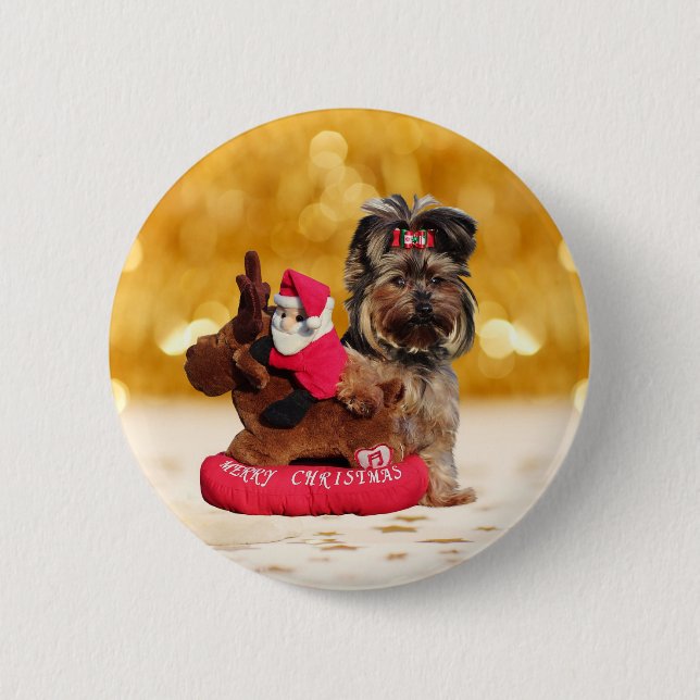 Badge Rond 5 Cm Cute Yorkshire Terrier Joyeux Noël (Devant)