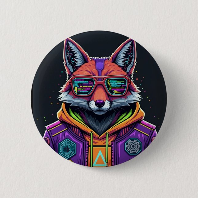 Badge Rond 5 Cm Cyber Fox Button Pin – Neon Streetwear Animal Art (Devant)