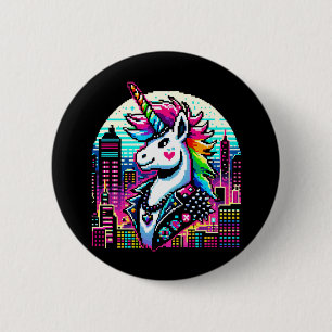 Badge Rond 5 Cm Cyberpunk Unicorn Neon Pixel Art Cityscape Design