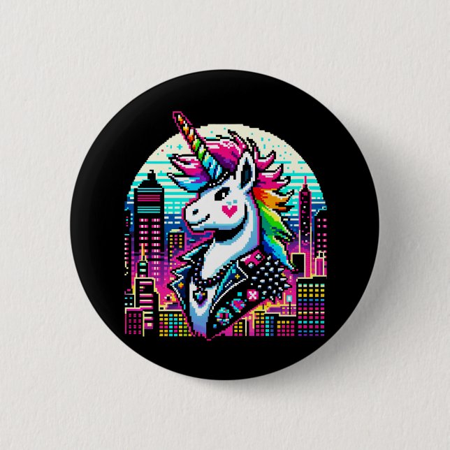 Badge Rond 5 Cm Cyberpunk Unicorn Neon Pixel Art Cityscape Design (Devant)