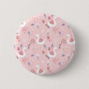 Badge Rond 5 Cm Cygnes Blancs Douces Sur Ballet Floral Rose Pastel
