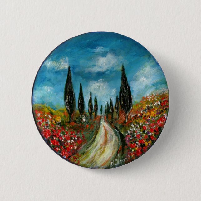 BADGE ROND 5 CM CYPRÈS ET POPIES EN TOSCANE (Devant)